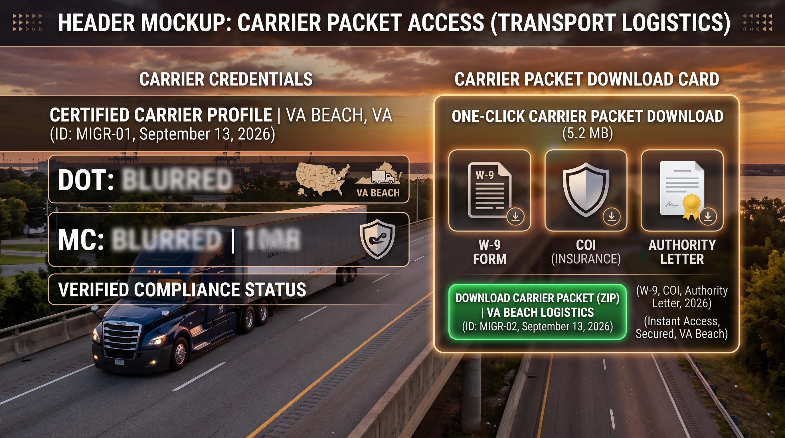 Header mockup with DOTMC numbers beside a one click Carrier Packet download card