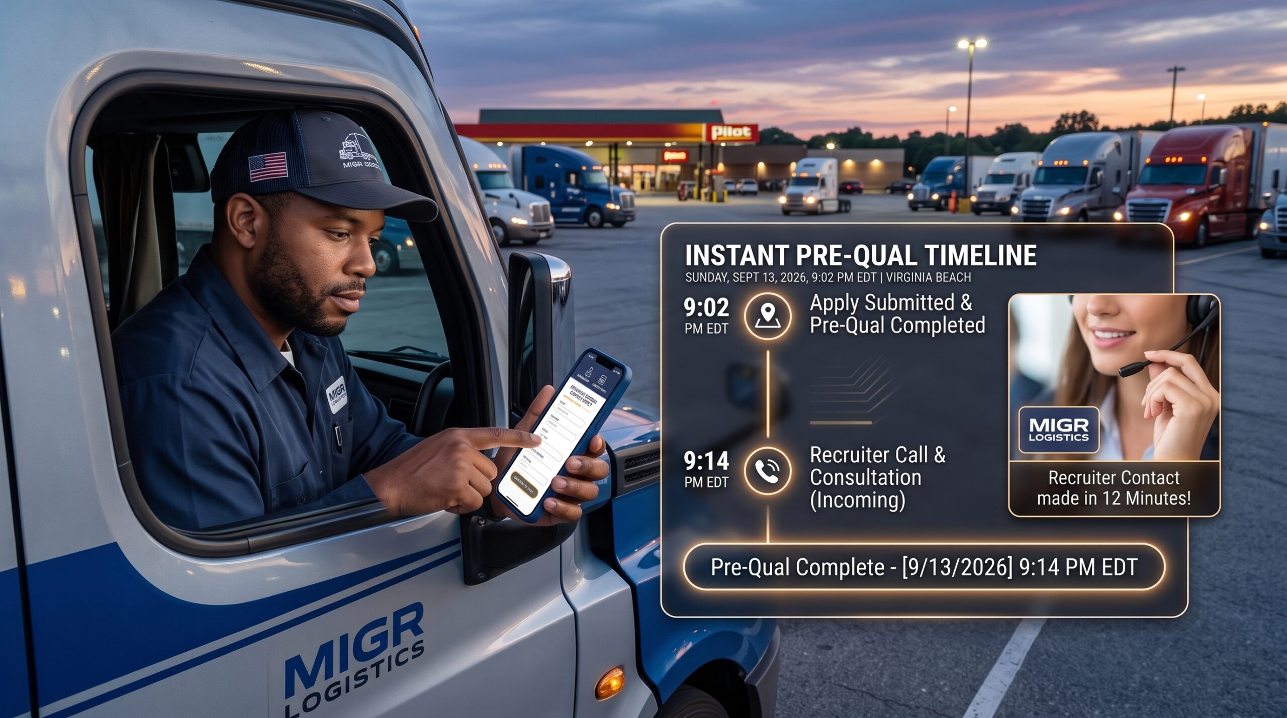 Driver in a truck stop lot completing the short mobile pre qual form_ timeline graphic scaled