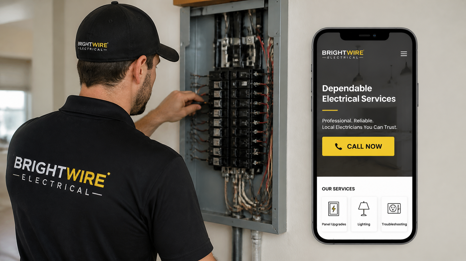 Electrician in branded workwear at a residential panel box