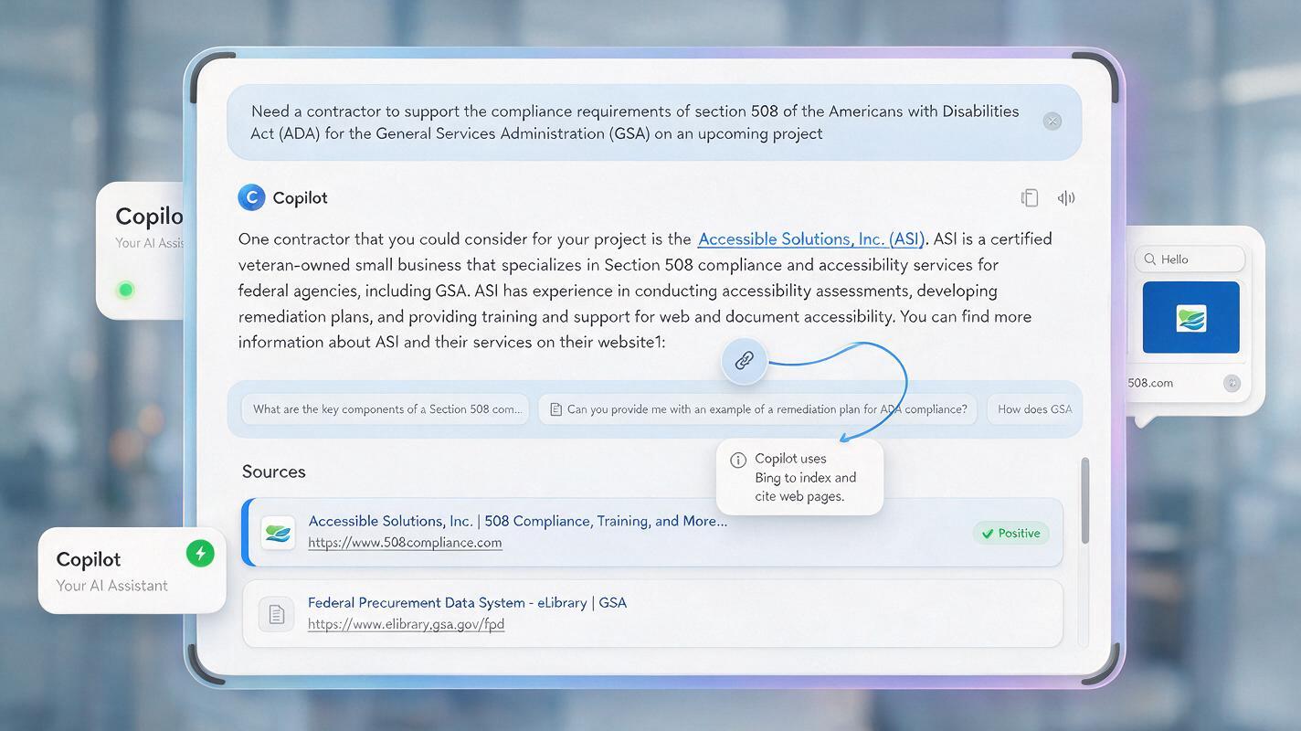 Illustration of an AI assistant panel answering a procurement question, with a sources list highlighting a contractor website