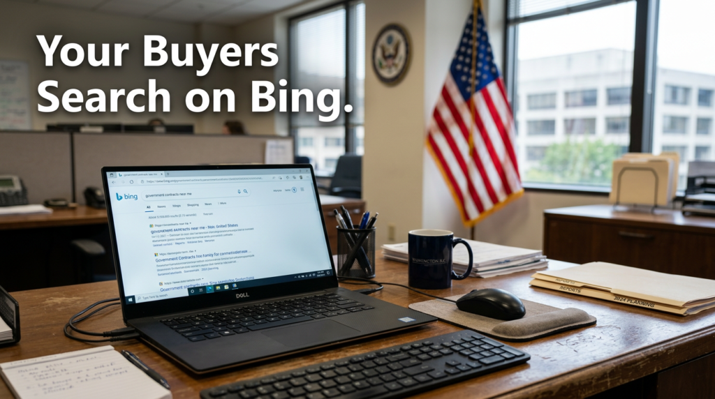 Government office desk scene — Windows laptop open to a search screen, U.S. flag